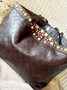Gucci Dark Brown Embossed Leather Tote with Gold Stud Trim